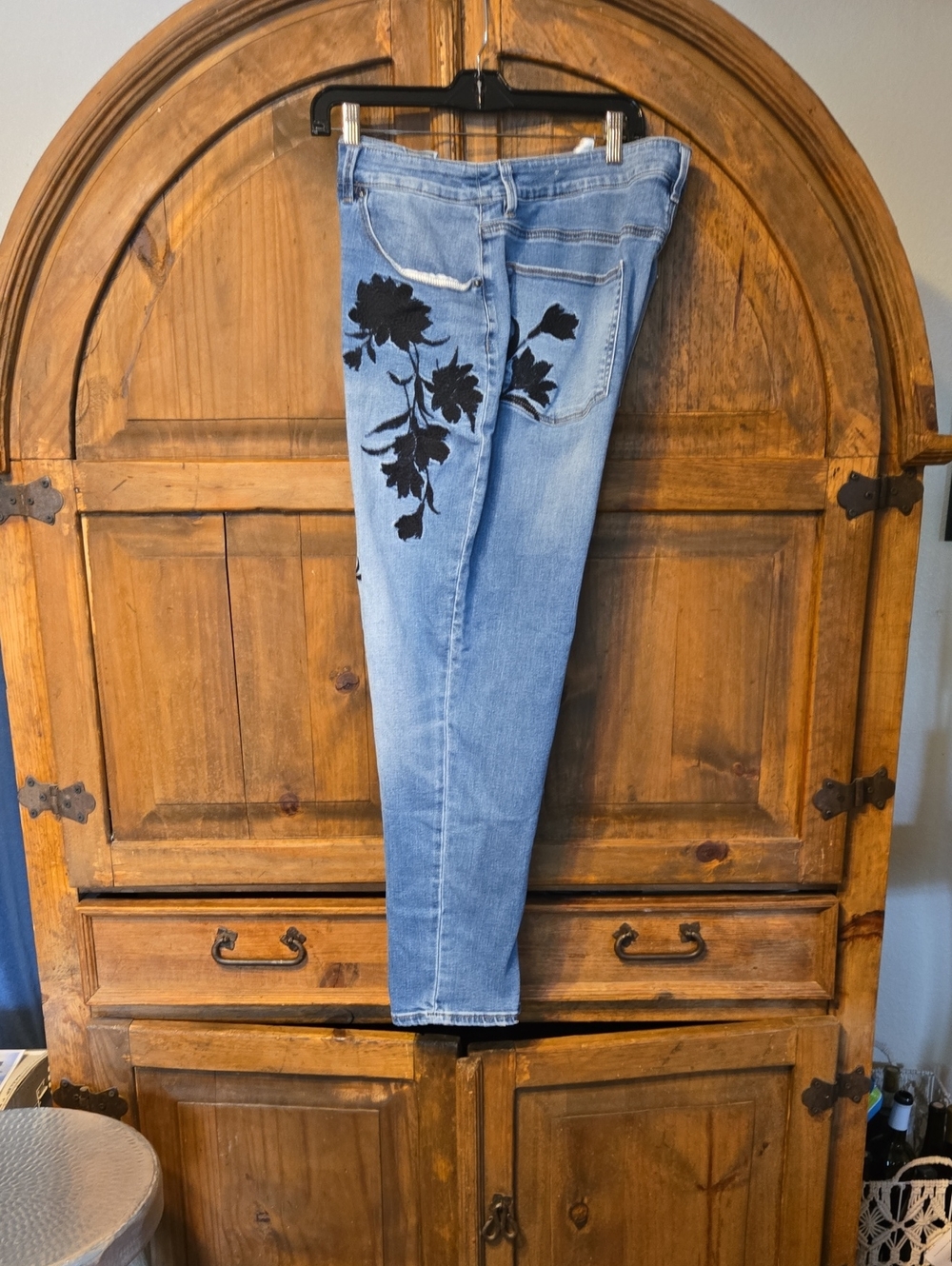 Chico's Light Blue High-Rise Jeans with Black Floral Appliqué